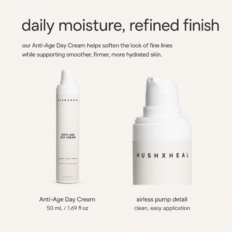 HUSHXHEAL Anti-Age Day Cream minimal infographic featuring the product bottle and clean pump detail on a soft neutral background.