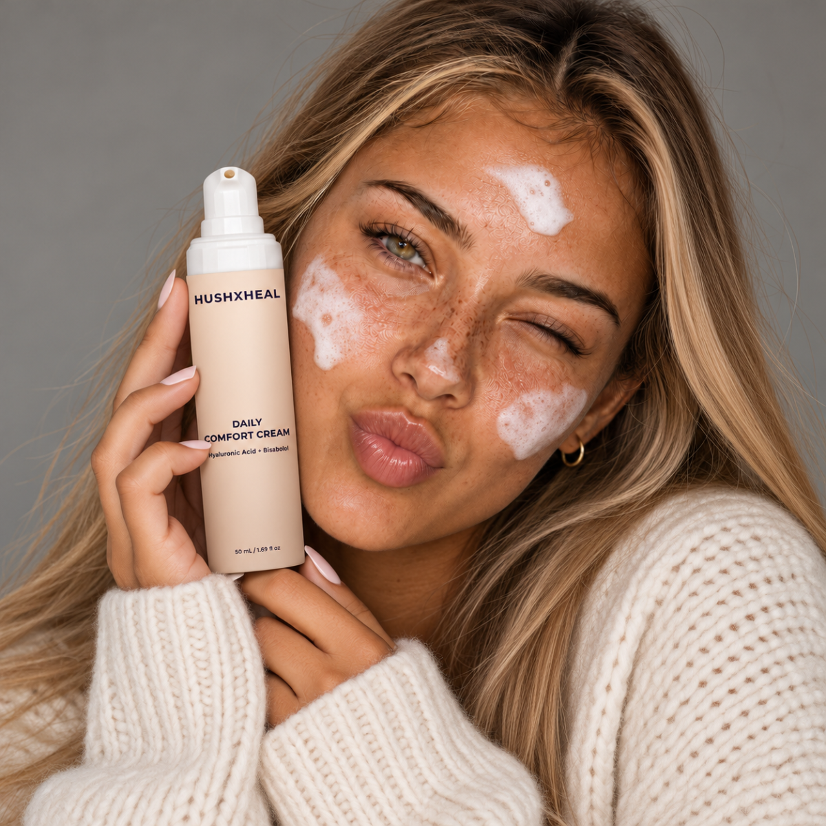 Model applying HUSHXHEAL Daily Comfort Cream while holding the Hyaluronic Acid + Bisabolol moisturizer.