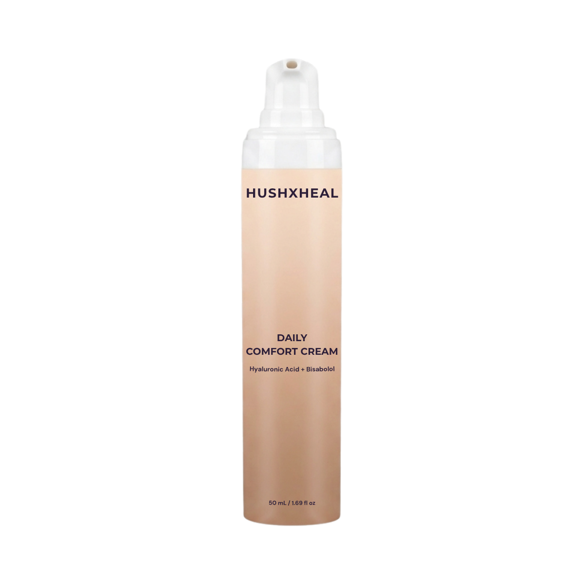 HUSHXHEAL Daily Comfort Cream with Hyaluronic Acid + Bisabolol 50 mL pump bottle.