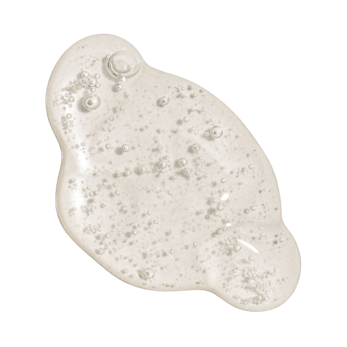 Close-up texture swatch of HUSHXHEAL Linden + Plum Face Cleanser, showing a glossy ivory cleansing gel with delicate foam, translucent bubbles and soft lather on a white background.