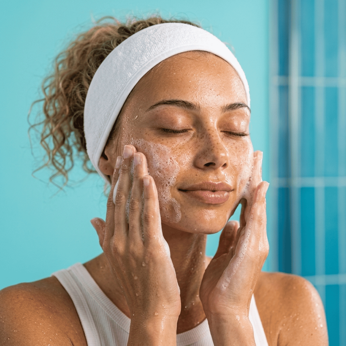 Woman wearing a white headband gently massaging foaming cleanser onto her face with both hands during her skincare routine