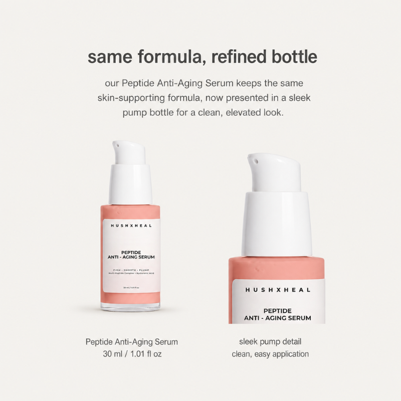 HUSHXHEAL Peptide Anti-Aging Serum formula benefits graphic showing bottle and pump detail