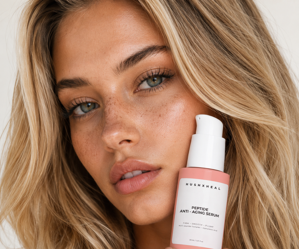 model holding hushxheal peptide anti-aging serum in a coral glass pump bottle with white pump cap