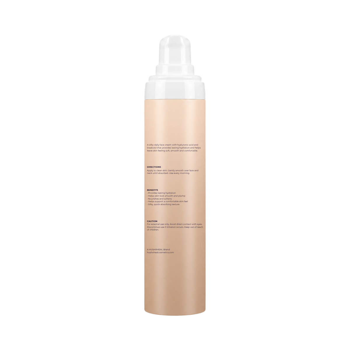 Back view of HUSHXHEAL Daily Comfort Cream 50 mL pump bottle showing directions, benefits and product information.