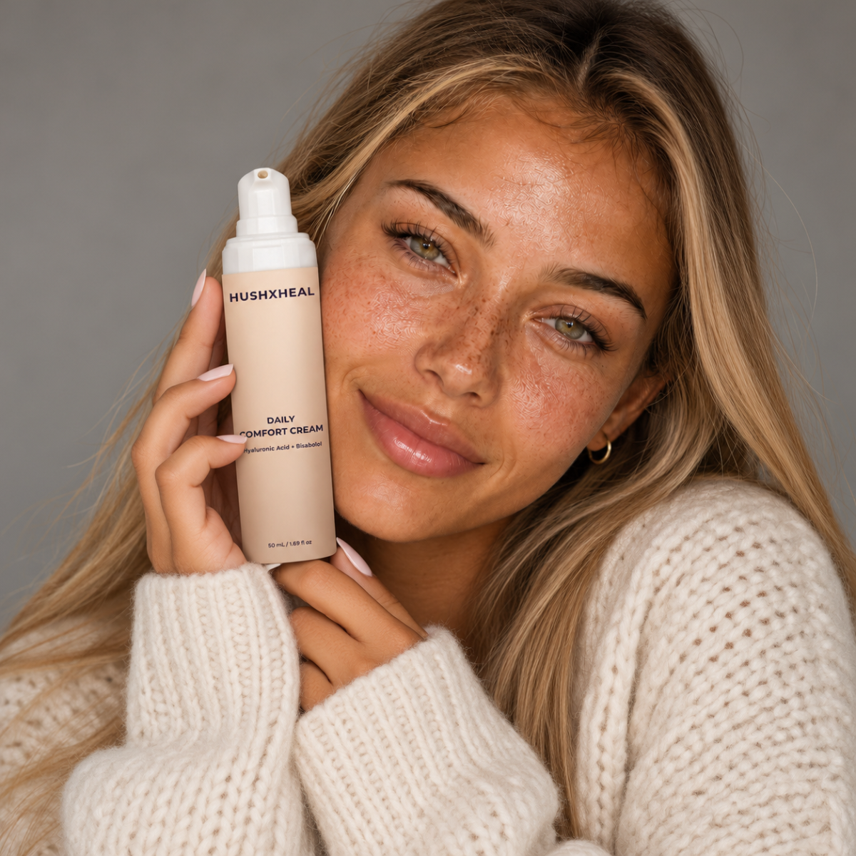 Model holding HUSHXHEAL Daily Comfort Cream with Hyaluronic Acid + Bisabolol in a close-up skincare portrait.