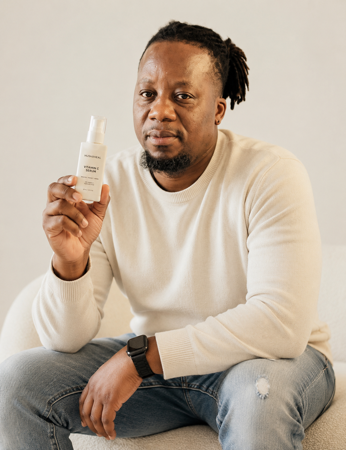 HUSHXHEAL founder seated in a minimalist studio setting holding the Vitamin C Serum, photographed in a relaxed lifestyle portrait with a soft neutral background.