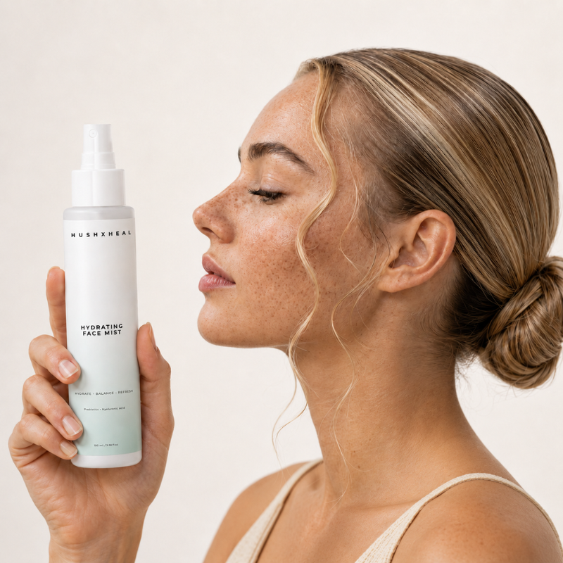 Nava in a light summer outfit holding HUSHXHEAL Hydrating Face Mist in a soft side-profile beauty shot against a clean neutral background.