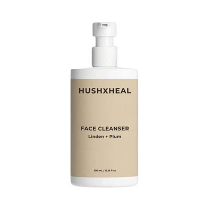 HUSHXHEAL Linden + Plum Face Cleanser, 390 mL, white pump bottle with a beige label, front view.