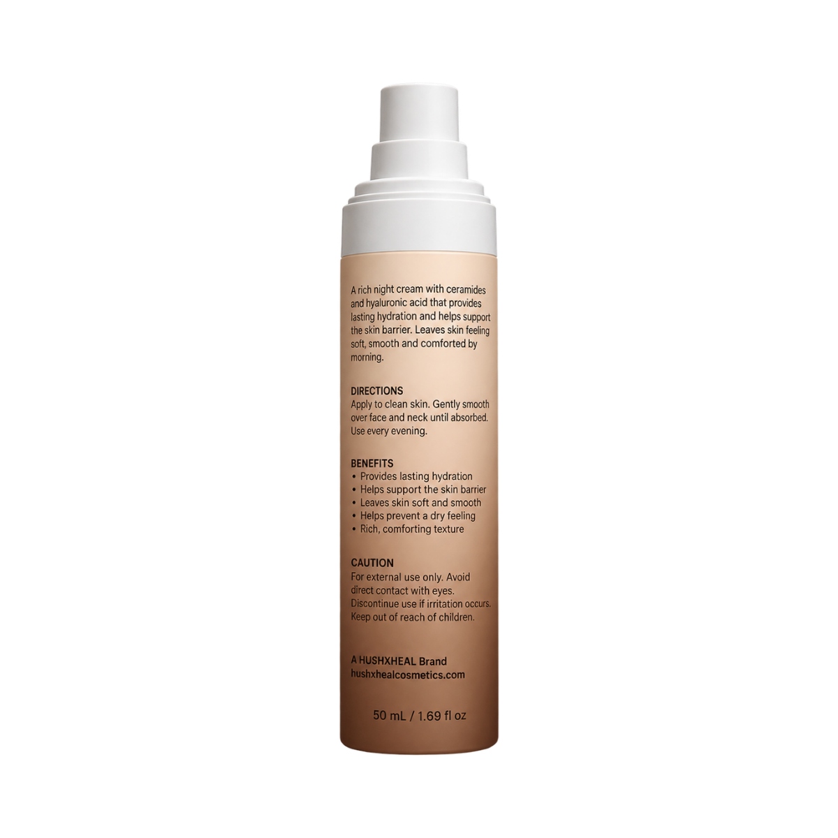 Back of HUSHXHEAL Night Comfort Cream 50 mL bottle showing directions, benefits and product information