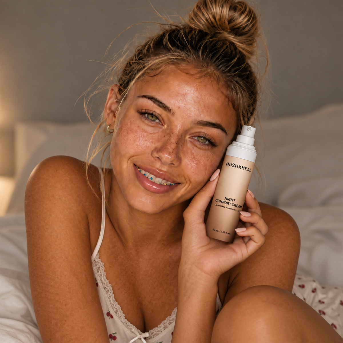 Woman holding HUSHXHEAL Night Comfort Cream with ceramides and hyaluronic acid during her evening skincare routine.
