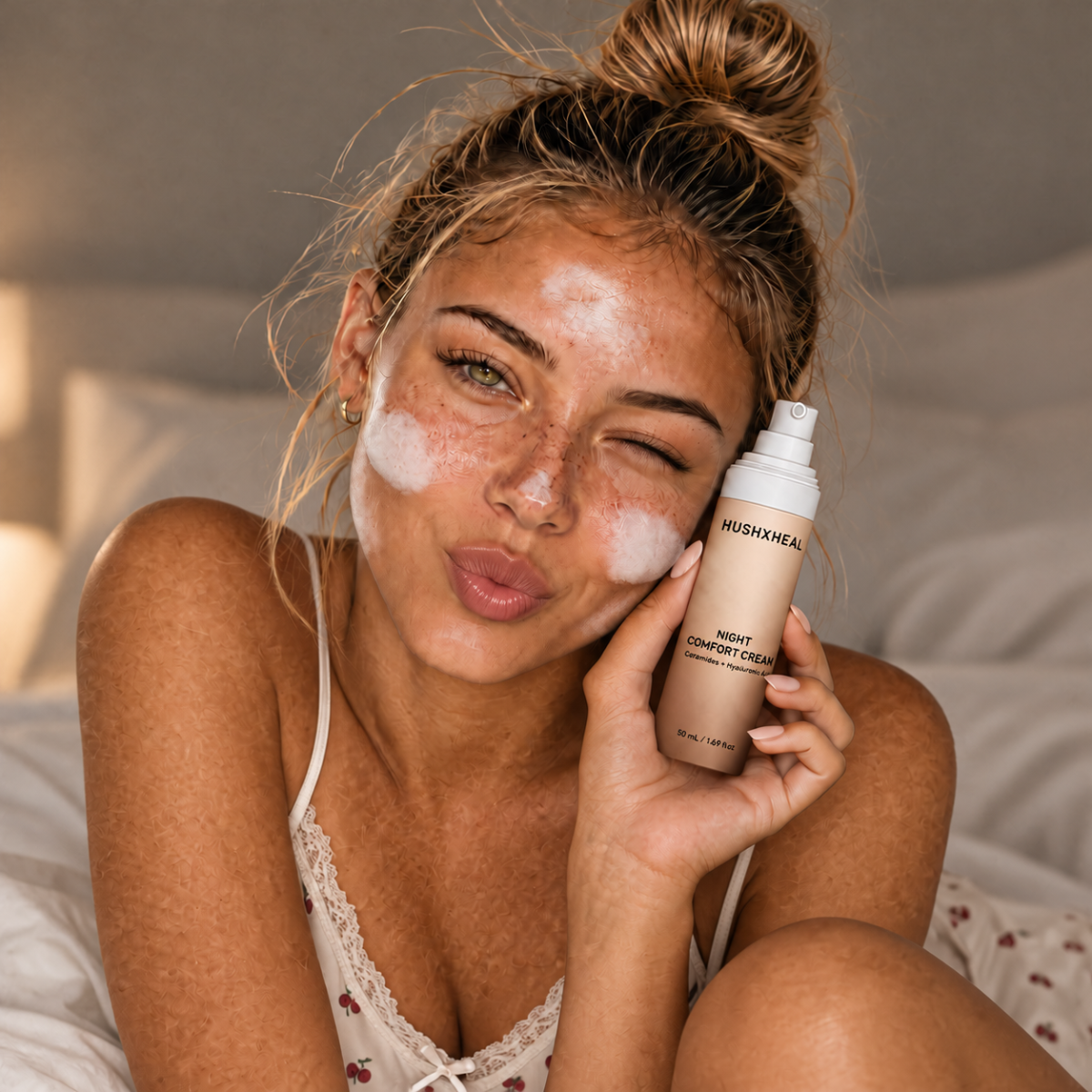 Woman with cream dotted on her face holding HUSHXHEAL Night Comfort Cream with ceramides and hyaluronic acid.