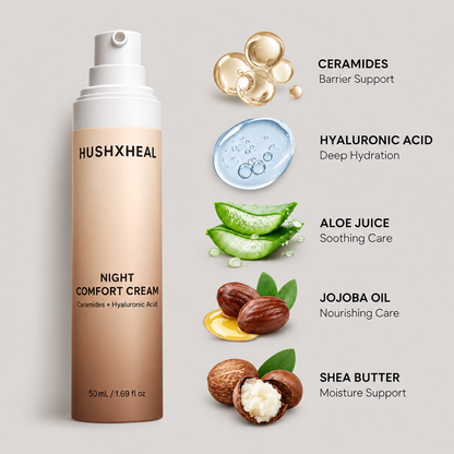 HUSHXHEAL Night Comfort Cream with ceramides, hyaluronic acid, aloe juice, jojoba oil and shea