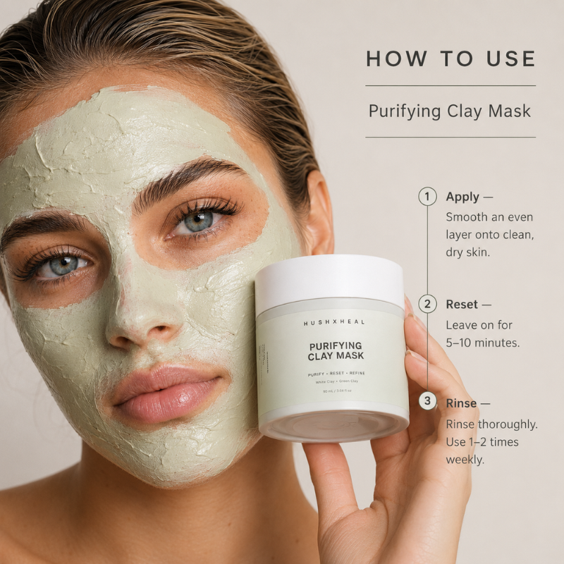 Nava wearing HUSHXHEAL Purifying Clay Mask while holding the jar beside step-by-step application instructions