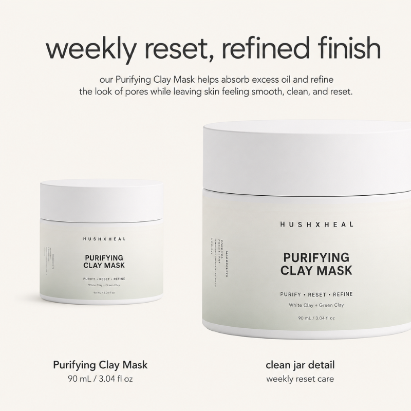 HUSHXHEAL Purifying Clay Mask jar with close-up packaging detail on a clean cream background