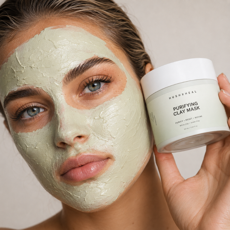 Nava wearing HUSHXHEAL Purifying Clay Mask while holding the product jar beside her face