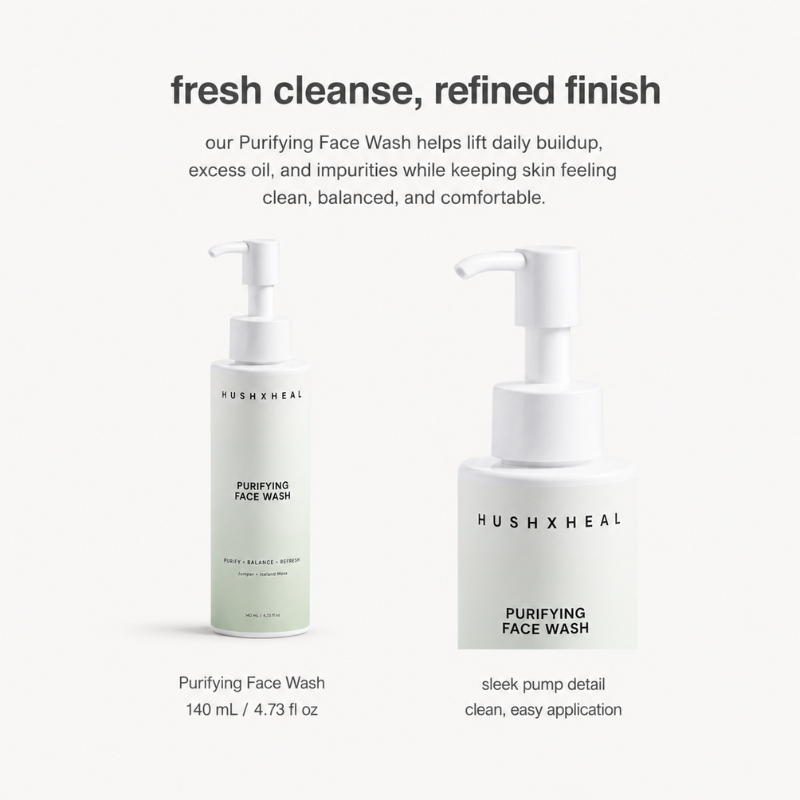 HUSHXHEAL Purifying Face Wash bottle with close-up pump detail on a clean cream background