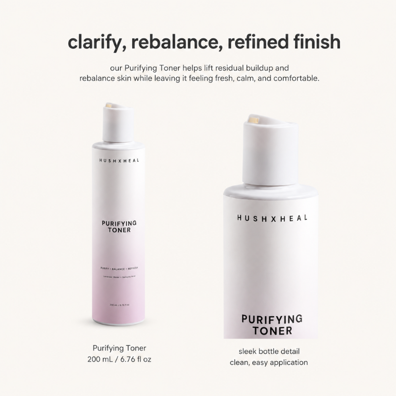 HUSHXHEAL Purifying Toner bottle with close-up cap and label detail on a clean cream background