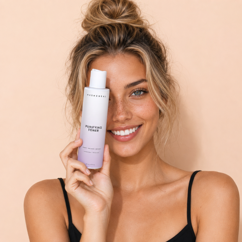 Nava smiling while holding HUSHXHEAL Purifying Toner beside her face against a soft peach background