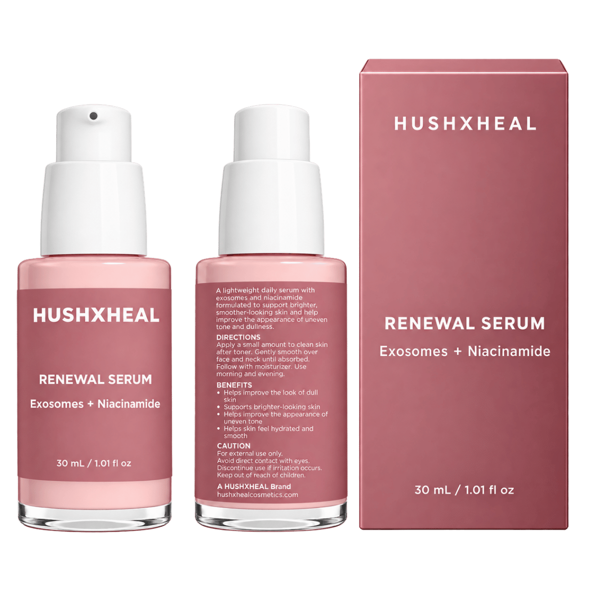  A complete product shot of the HUSHXHEAL Renewal Serum with Exosomes and Niacinamide (30 mL / 1.01 fl oz), showing the front of the bottle, the back label directions and benefits, and the matching pink outer box packaging.