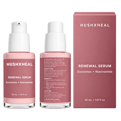  A complete product shot of the HUSHXHEAL Renewal Serum with Exosomes and Niacinamide (30 mL / 1.01 fl oz), showing the front of the bottle, the back label directions and benefits, and the matching pink outer box packaging.
