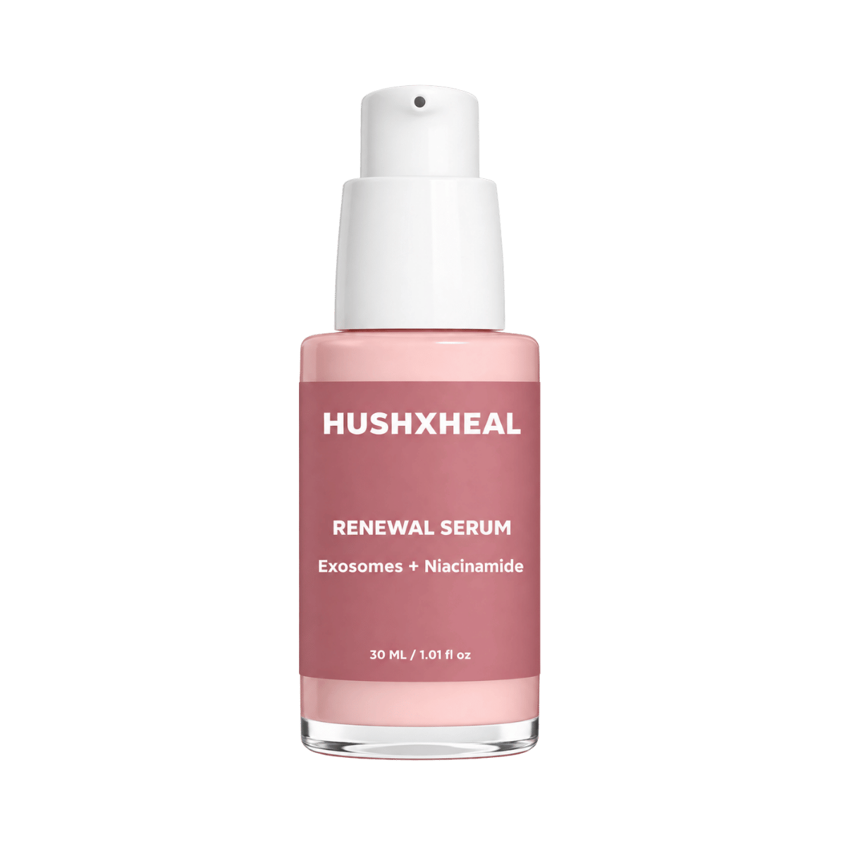 Front view of a single HUSHXHEAL Renewal Serum 30 mL (1.01 fl oz) bottle with a clean white pump dispenser and a pink label highlighting Exosomes and Niacinamide ingredients, centered against a light off-white background.
