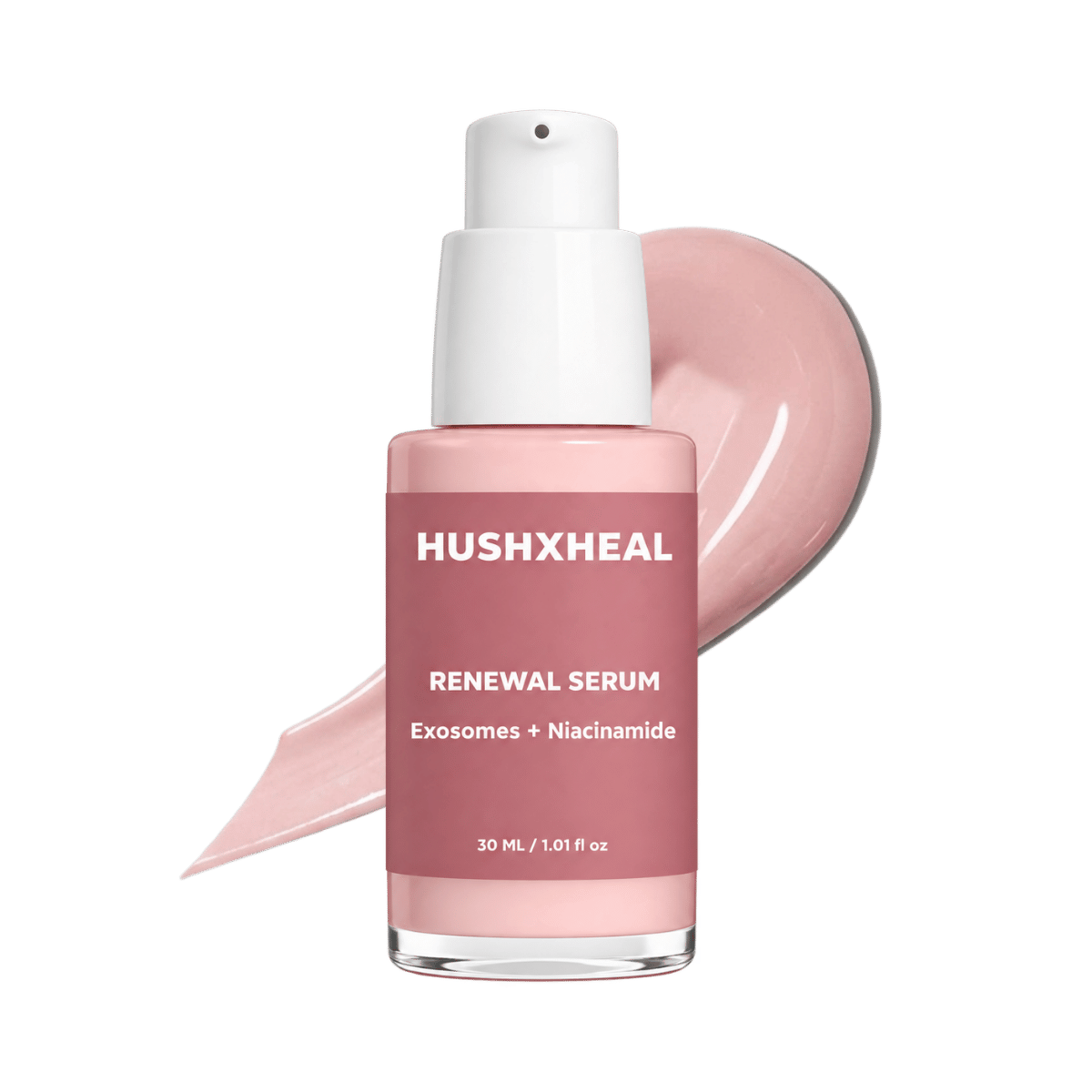 Front view of HUSHXHEAL Renewal Serum bottle containing 30 mL / 1.01 fl oz, featuring Exosomes and Niacinamide, set against a light background with a pink liquid swatch swipe behind it.