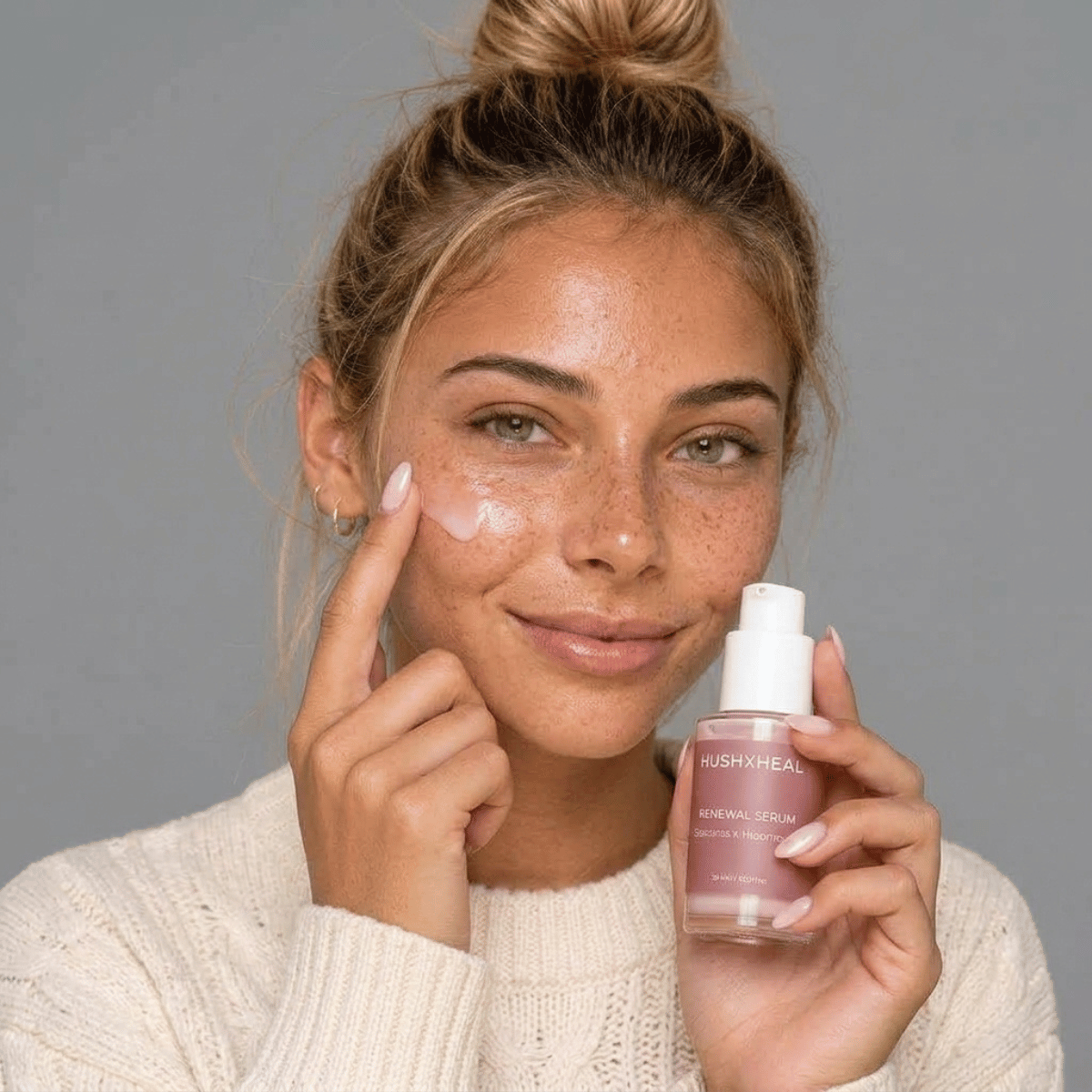 Young woman with freckles smiling while applying a dollop of pink HUSHXHEAL Renewal Serum to her cheek, holding the product bottle in her other hand.