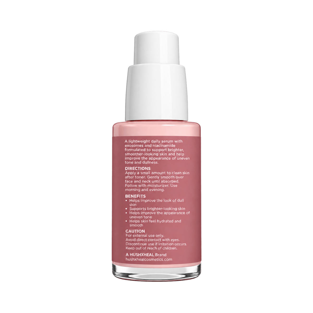 HUSHXHEAL Renewal Serum with Exosomes + Niacinamide, 30 mL, back view of pink pump bottle showing product benefits, directions and caution information.