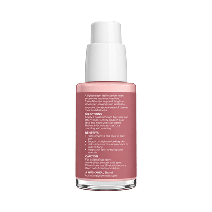 HUSHXHEAL Renewal Serum with Exosomes + Niacinamide, 30 mL, back view of pink pump bottle showing product benefits, directions and caution information.