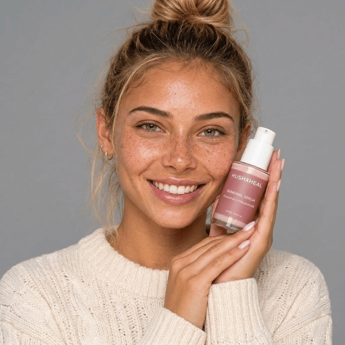 Close-up editorial portrait of a smiling young woman holding the HUSHXHEAL Renewal Serum cosmetic bottle, highlighting a natural skin glow and texture.