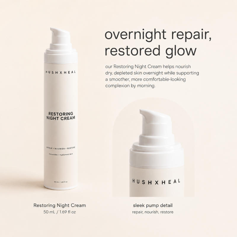 HUSHXHEAL Restoring Night Cream minimal infographic featuring the full bottle and close-up airless pump detail on a soft cream background