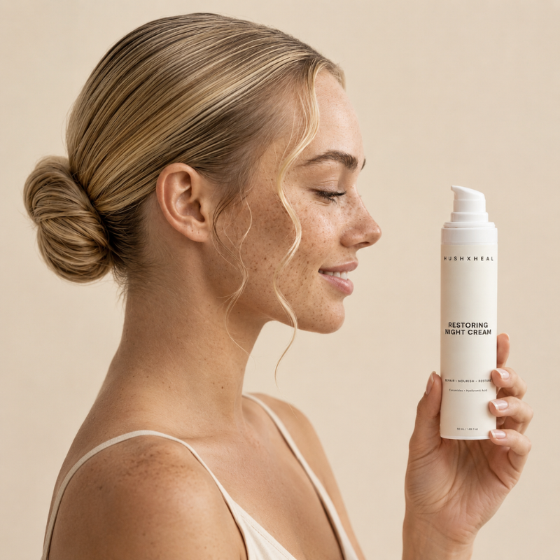 Nava in side profile holding HUSHXHEAL Restoring Night Cream against a soft neutral background