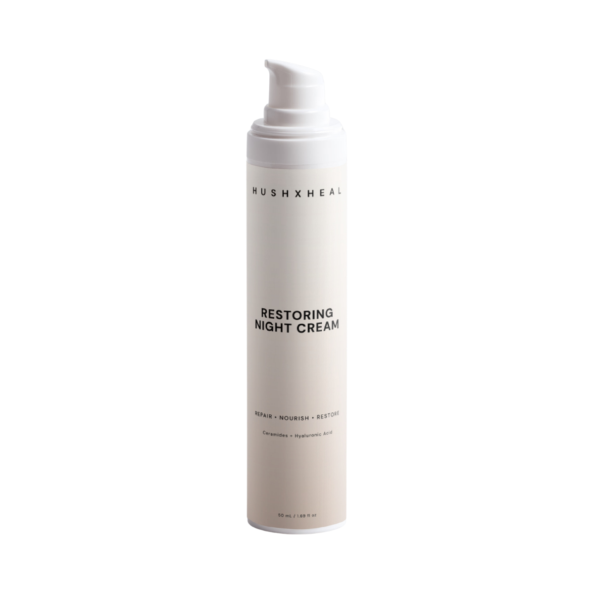 HUSHXHEAL Restoring Night Cream airless pump bottle on a transparent background