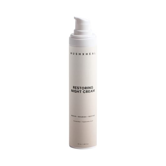 HUSHXHEAL Restoring Night Cream airless pump bottle on a transparent background