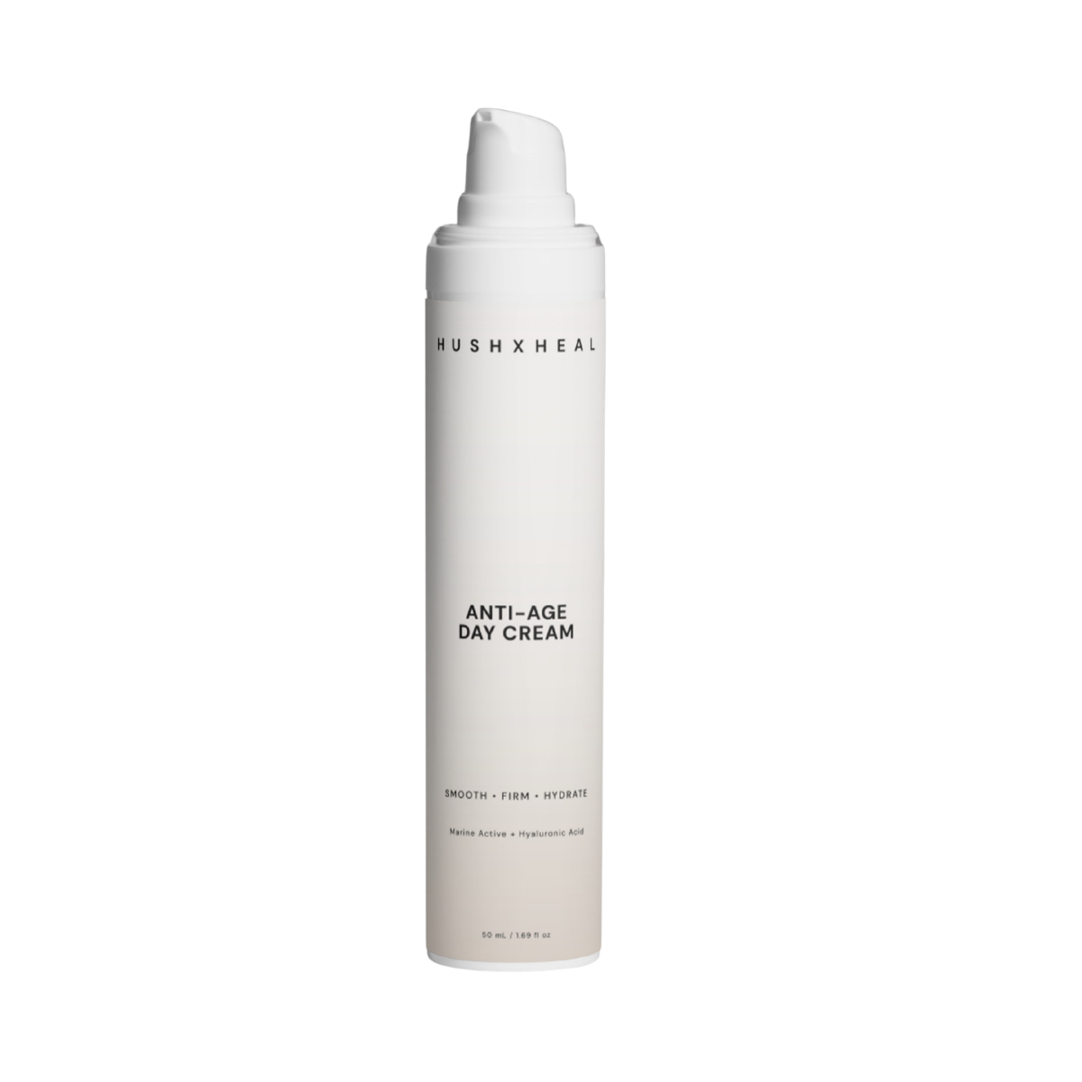 HUSHXHEAL Anti-Age Day Cream airless pump bottle on a transparent background.