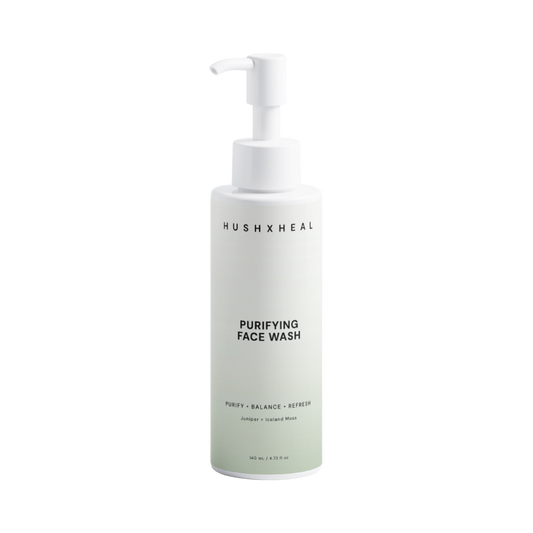 HUSHXHEAL Purifying Face Wash bottle on soft white background